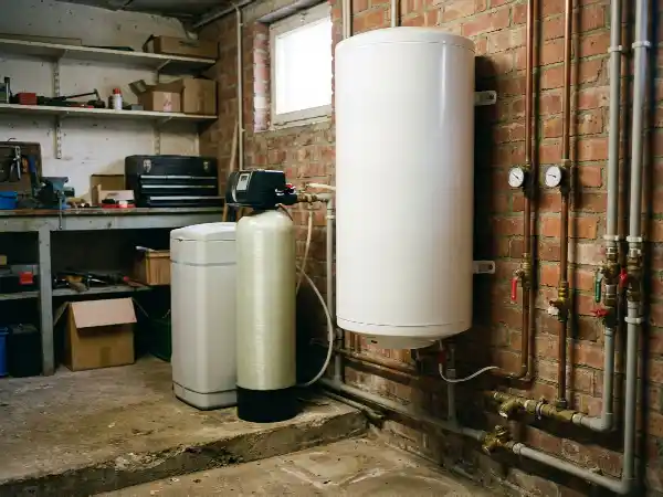Boiler électrique et adoucisseur installés côte à côte dans une cave